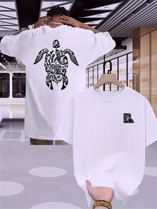 Camiseta de manga corta casual de verano para hombre, con estampado de tortuga en la parte delantera y trasera - Corte regular, cuello redondo, camiseta transpirable, adecuada para uso casua - Blanco - Ver 1