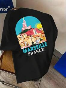 Camiseta de moda para hombre con diseño creativo de la palabra Francia - Cómoda para todas las estaciones, corte holgado, diseño estampado a doble cara, material confortable - Camiseta lig - Negro - Ver 2