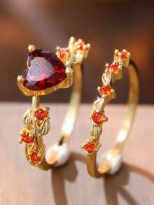 Women's Heart-Shaped 2 Pieces Ring Set, Thick Fashion Accessory - Red - View 2