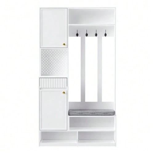 Wardrobe Set, Complete Hallway Wardrobe Set With Bench, 4 Hooks, Doors & Drawers, Compact Dimensions 100*180*35 Cm (W*H*D) - White - View 1