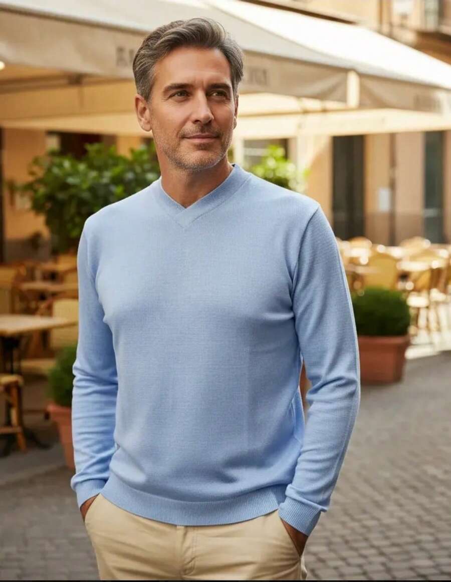 Men's Cold Weather Blouse | Men's Knitted Sweater | Winter Knitted Wool Pullover Long Sleeve V-Neck - 淺藍色 - 查看 1