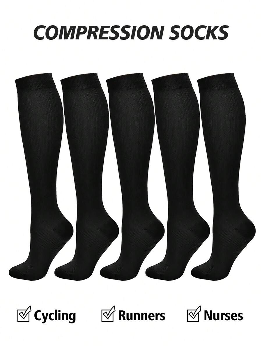 1/5 Pairs Women's Knee-High Socks, Tight Compression Sports Socks, Suitable For Running, Cycling, Fall - Black - View 1