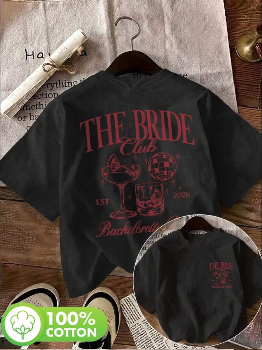 Summer Beach, [Double-Sided Print] Wedding Season 2026 Women's Top, Vintage Style Disco Ball THE BRIDE Club Bachelorette Printed Round Neck Short-Sleeved Cotton T-Shirt, Wedding Celebration - 黑色 - 查看 1