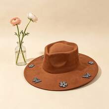Elegant  Felt Hat With Sparkly Rhinestone Butterfly  Flower Details For Daily  Vacation Outfits - marrón rojizo - Ver 3