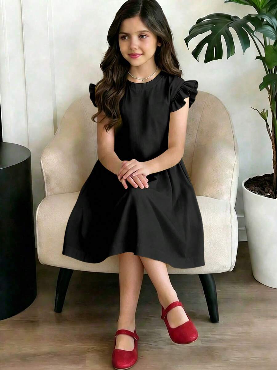 Đầm midi tay bồng màu đen kiểu dáng tối giản, dễ thương và thanh lịch dành cho trẻ em, thích hợp cho mùa xuân và mùa hè. - màu đen - Xem 1