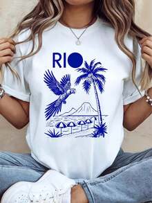 shirt ample d'éé vintage Brésil, Summer Vibes Bianca Del Casual, col rond avec motif brésilien, lavable en pour toutes les saisons,-shirt en coton. - Blanc - Voir 1