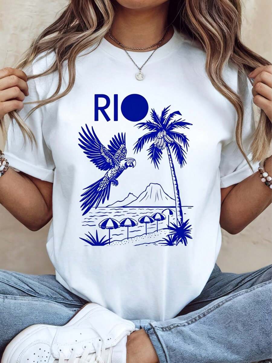 shirt ample d'éé vintage Brésil, Summer Vibes Bianca Del Casual, col rond avec motif brésilien, lavable en pour toutes les saisons,-shirt en coton. - Blanc - Voir 1