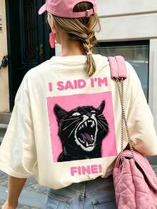 Women's Round Neck Short Sleeve T-Shirt, Summer New Cat Pattern & Letter Print, Casual Loose Versatile Top, Fashionable Daily Wear - Apricot - View 1