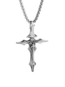 1pc Street Dark Vintage Niche Personalized Bone Cross Pendant Necklace Jewelry Accessory - Antique Silver - View 7
