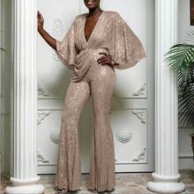 2026 Nuevo Mono Sexy de Lentejuelas con Escote en V Profundo y Espalda Descubierta para Mujer, Estilo Europeo y Americano, Pantalones Largos, a la Moda, para Comercio Exterior - Champán - Ver 9