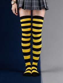 1-Pair Women's Yellow And Black Striped Over-The-Knee Socks, Suitable For Parties And Carnival, And Comfortable - Multicolor - View 2