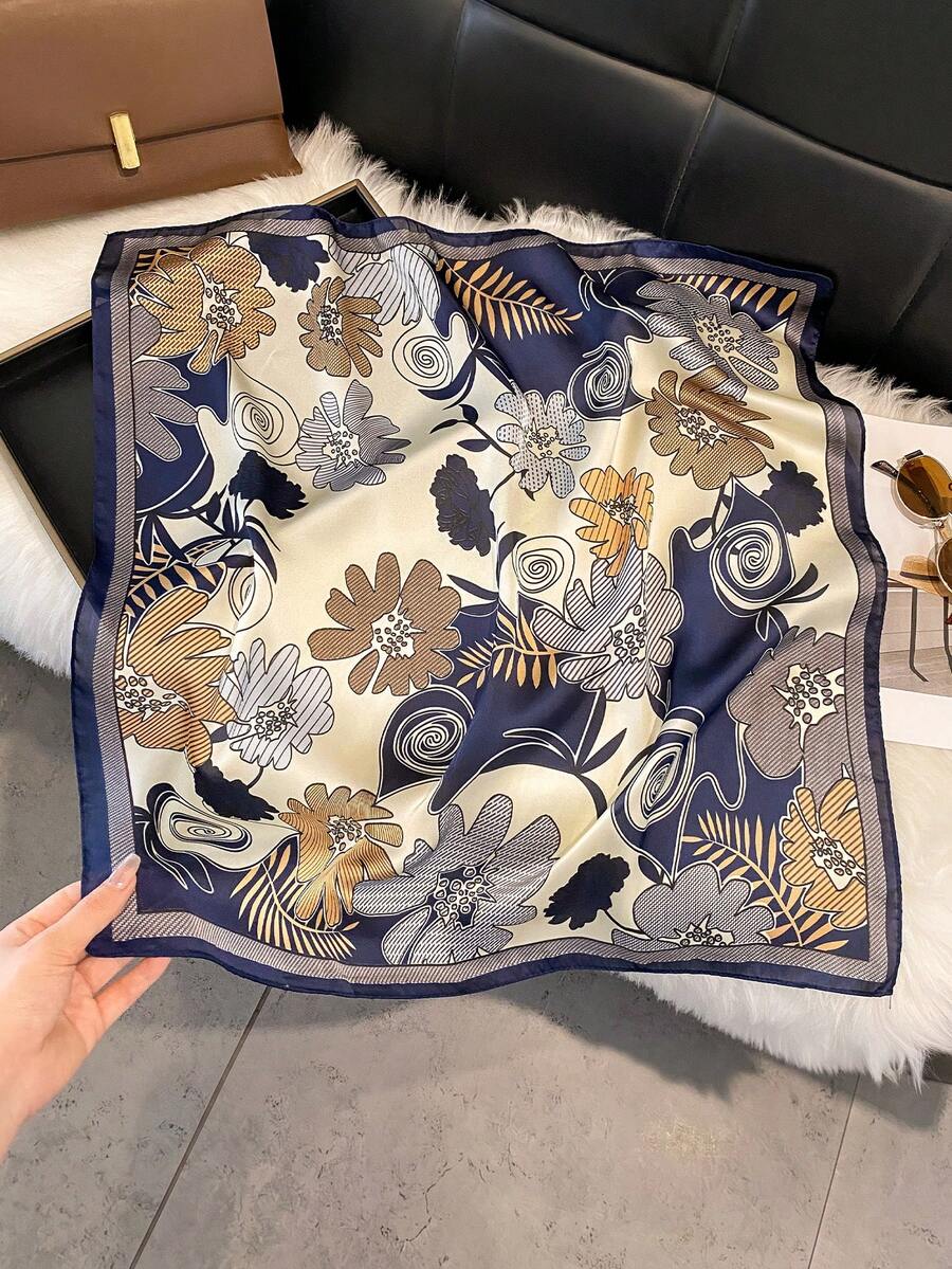 1件仿絲優雅設計花卉印花70cm小方巾女款頭巾時尚百搭腰帶領巾圍巾裝飾絲巾領帶髮飾適合日常穿著 - 藏蓝色 - 查看 1
