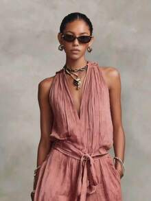 Sleeveless Cotton Blend Jumpsuit With Drawstring 2026 - Pink - View 2