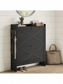 Shoe Storage Cabinet Organizer With 2 Flip Drawers, Freestanding Narrow Shoe Rack Cabinet Entryway, Farmhouse Style, Fits 14 To 16 Pairs, Smoky Black UHSC203BJ01S - Smoky Black - View 1