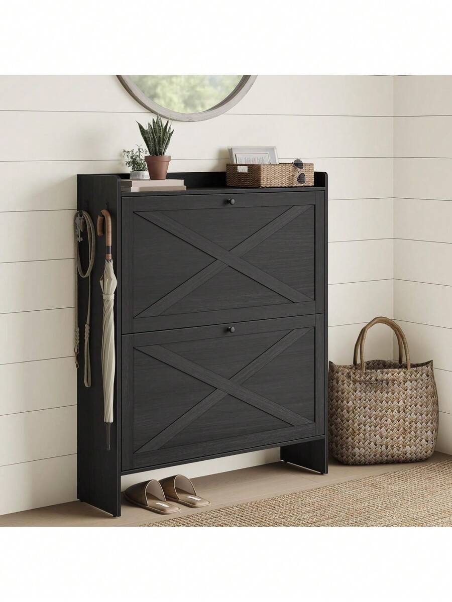 Shoe Storage Cabinet Organizer With 2 Flip Drawers, Freestanding Narrow Shoe Rack Cabinet Entryway, Farmhouse Style, Fits 14 To 16 Pairs, Smoky Black UHSC203BJ01S - Smoky Black - View 1