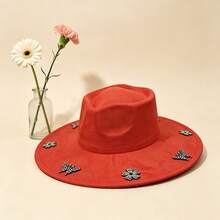 Elegant  Felt Hat With Sparkly Rhinestone Butterfly  Flower Details For Daily  Vacation Outfits - Red - View 4