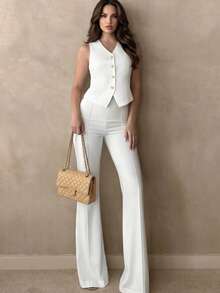 Casual Elegant Commute Daily Office Business Single-Breasted Vest And Flare Pants 2 Pieces Set - White - View 4