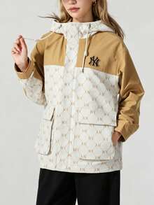 MLB 男女通用复古印花连帽夹克，DIA MONOGRAM JQD 防风夹克，休闲运动简约外套，3AWJM0151 - 淺駝色 - 查看 1