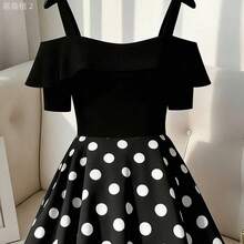 xuehuamaoyi02  CURVE Vestido elegante de talla grande para mujer con estampado de lunares y diseño de hombros descubiertos y parches - Blanco y Negro - Ver 5