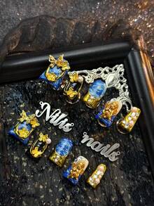 10片手工全包短鴨嘴式穿戴甲,藍色大理石金天使&蝴蝶飾品,Y2K風格,3D珍珠&水鑽裝飾,派對與日常穿戴奢華假指甲,附贈果凍膠與磨砂條美甲用品 - 藍色 - 查看 3