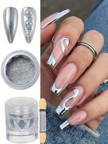 Y2K Mirror Nail Powder With Applicator Brush, Magic Mirror Effect White/Gold/Silver, Suitable For Nail Decoration, Nail Supplies - Multicolor - View 7