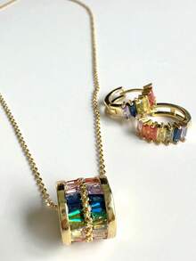 Conjunto de Collar de Clavícula y Pendientes de Botón con Brújula Colorida Lulutong - Dorado - Ver 2