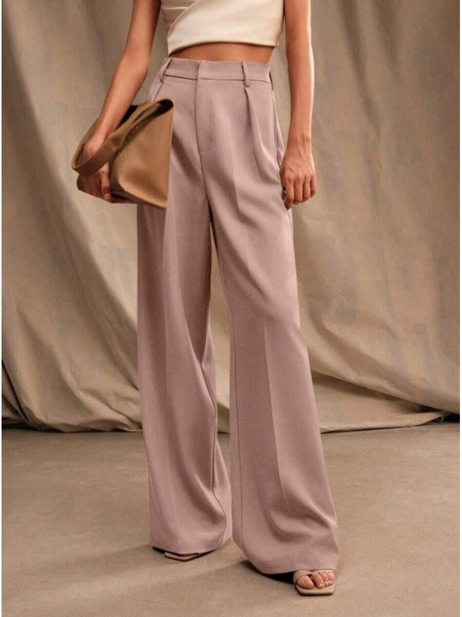 Pantalones Casuales Drapeados para Mujer 2026, de Cintura Alta, Corte y Pierna Ancha, con Efecto Adelgazante - Rosa - Ver 1