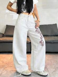 1件女款寬鬆刺繡寬腿牛仔褲，舒適休閒高街百搭丹寧長褲（不含腰帶/配件）白色 - 白色 - 查看 6