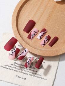 24 buah Kuku Tempel Panjang Premium Warna Burgundy & Nude Pink, Desain Daun Garis Minimalis, Termasuk Lem Jelly + Kikir Kuku, Cocok Untuk Gaya Kantor / Dewasa / Pesta - Coklat - View 3