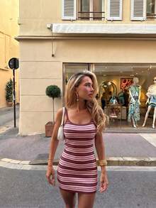 2026 HoloChill Women's Colorblock Striped Sleeveless Bodycon Knit Mini Dress, Stretchy Camisole Dress, Summer Casual New Arrival Sleeveless Dress, Women's Summer Dress, Holiday Dress, Elegant Party Dress, Women's Beach Dress, Wedding Guest Dress, Women's Birthday Dress, Women's Elegant Dress, Women's Beach Vacation Dress, Women's Casual Dress - Coffee - View 5