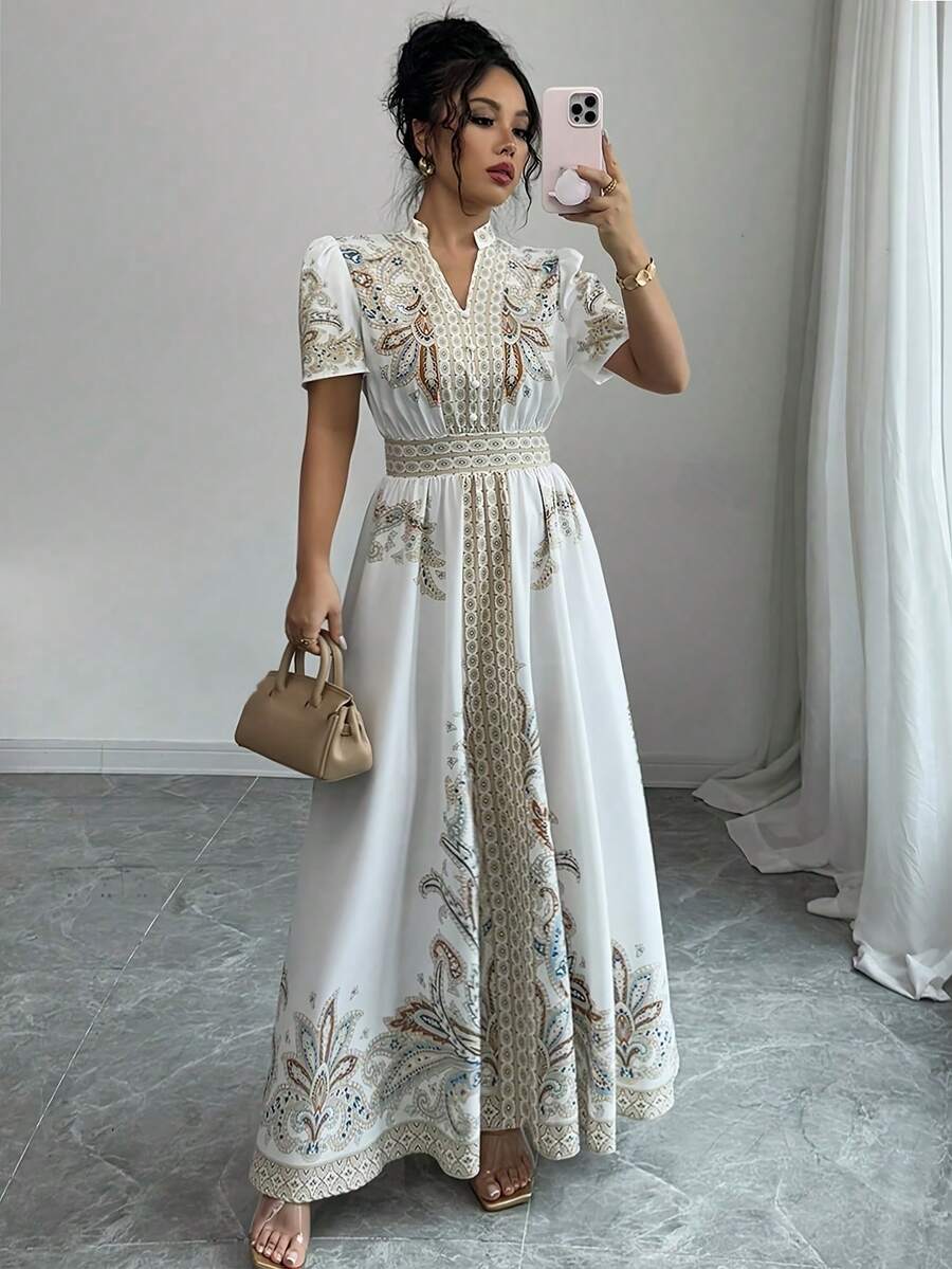 Short-Sleeved Dress With Floral Print And Fitted Waist In A Bohemian Style - Pale Yellow - View 1