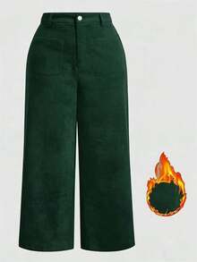 High Waist Solid Color Double Patch Pocket Straight Leg Plus Size Women Pants Solid Color Zipper Pocket Button - Dark Green - View 4