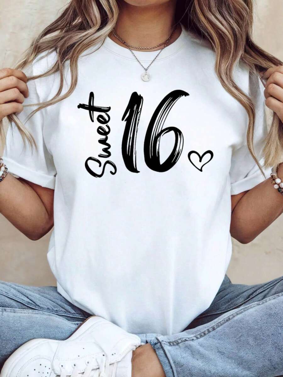 Camiseta de Mujer con Temática de Quinceañera, Decoración con Lema de Amor, Manga Corta Casual, Estilo Simple en Blanco y Negro para Fiesta de Cumpleaños de 16 Años - negro - Ver 1