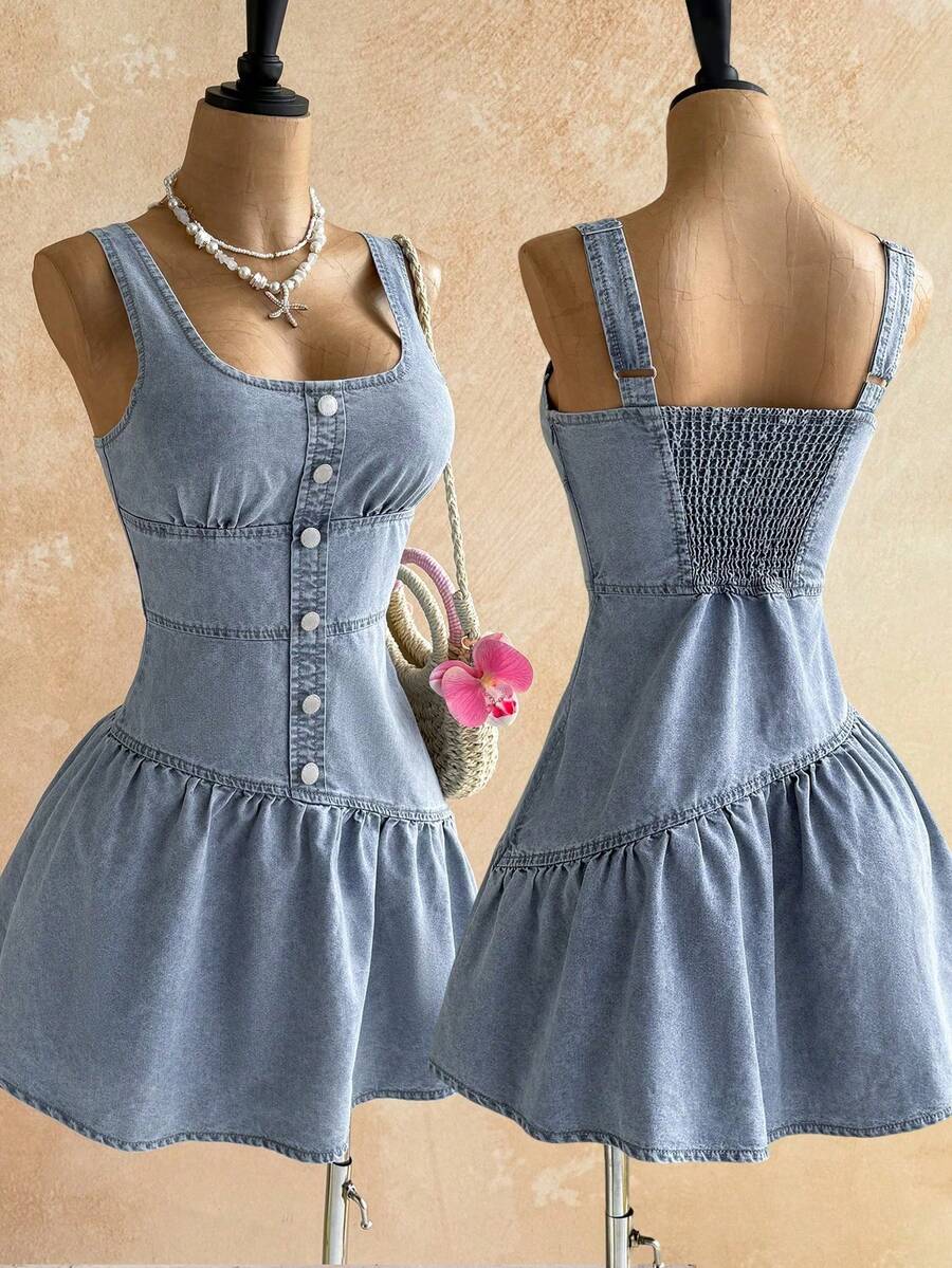 2026 Nuevo Vestido de mezclilla sin mangas con cuello cuadrado, diseño de botones y dobladillo con volantes para mujer - Azul - Ver 1