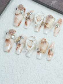 CrystalHola Handmade Square Nails, Y2K, Summer, White & Coffee Color With Rhinestones, Flowers, Pearls, French Tip Nail, Pure Handmade Nails. Suitable For Women And Girls. 10 Pieces. Fits Parties, Weddings, And Wear Daily. Great Gift For Ladies' Nail Supplies. Handmade Press On Nails - Multicolor - View 3