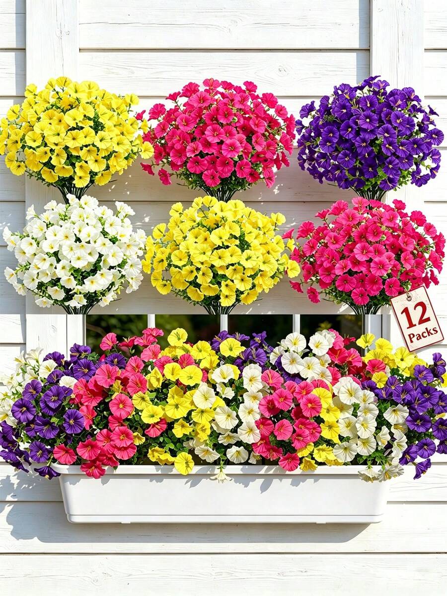 4/12 mazzi di fiori artificiali resistenti allo sbiadimento in plastica, piante finte decorative per vasi sospesi, interni ed esterni, giardino, portico, davanzale, casa, matrimonio, stile rustico, decorazione da esterno, decorazione da giardinaggio