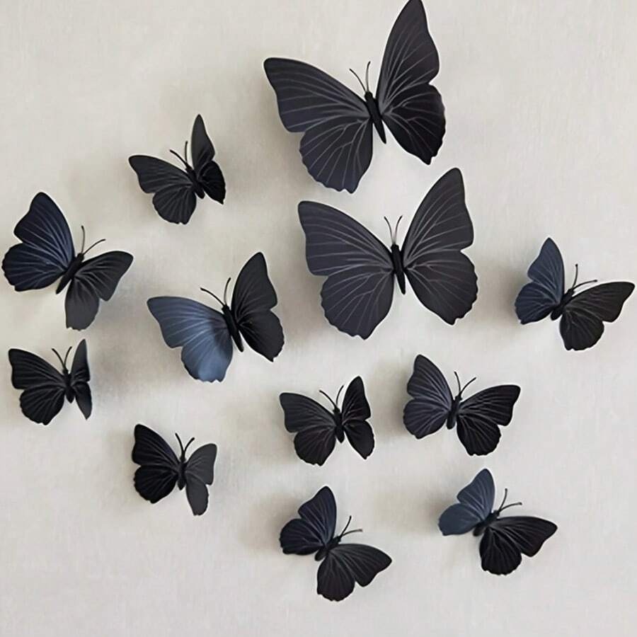 12pcs 3D Butterfly Wall Stickers, Black Removable Butterfly Wall Decals, Creative Home Room Decor, Garden Decor, Party Decor, Realistic Double Layer Butterfly Wall Stickers, Wall Decor Home Creative Decoration - A - View 1