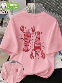 Women's Casual Watercolor Lobster Print Round Neck Short Sleeve T-Shirt, Suitable For Spring, Summer And Autumn Pink - Pink - View 7