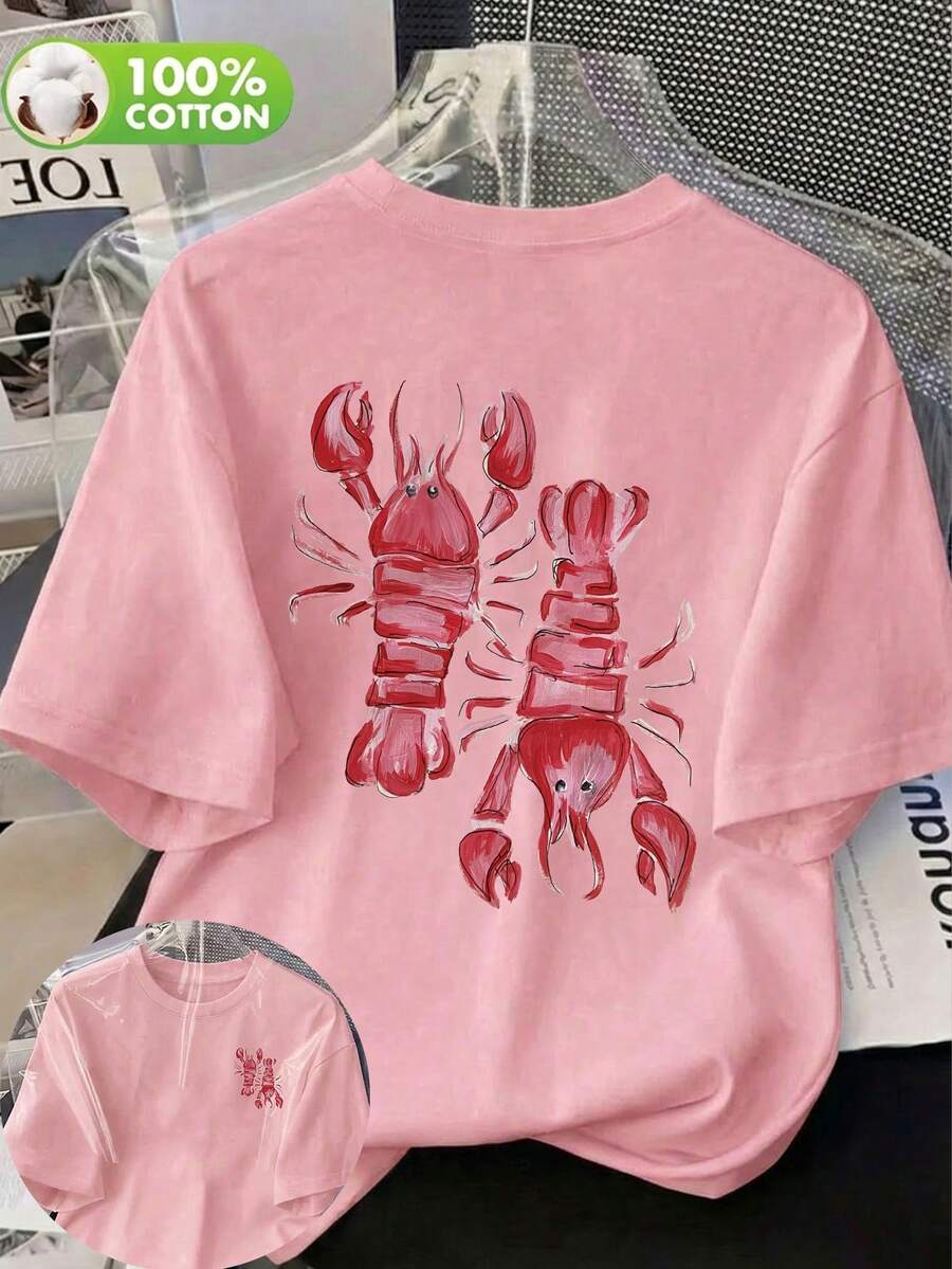 Women's Casual Watercolor Lobster Print Round Neck Short Sleeve T-Shirt, Suitable For Spring, Summer And Autumn Pink - Pink - View 1