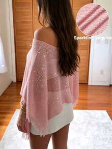 Áo khoác ngoài gợi cảm đính sequin tua rua trễ vai dành cho nữ, trang phục đi biển. - Màu Hồng baby - Xem 5
