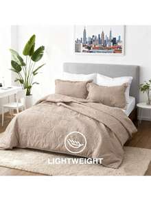 All Season Multi-Purpose 3 Pieces Quilt Bed Cover Set Classic Vintage Coin Embossed Design Premium Microfiber Anti-Allergy Dust Proof Durable Washable Soft Bedspread Kit Perfect For Dorm Room Master Bedroom Holiday Guest Room Daily Use - Khaki - View 5