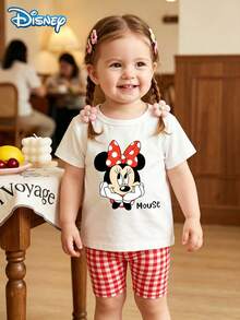 Disney 女嬰T恤套裝，夏季迪士尼復古甜美風，修身圓領白色波點蝴蝶結米妮鼠印花短袖T恤 + 紅白格紋短褲 2件套，休閒日常出遊度假派對穿搭，適合3歲以下女童 - 白色 - 查看 2