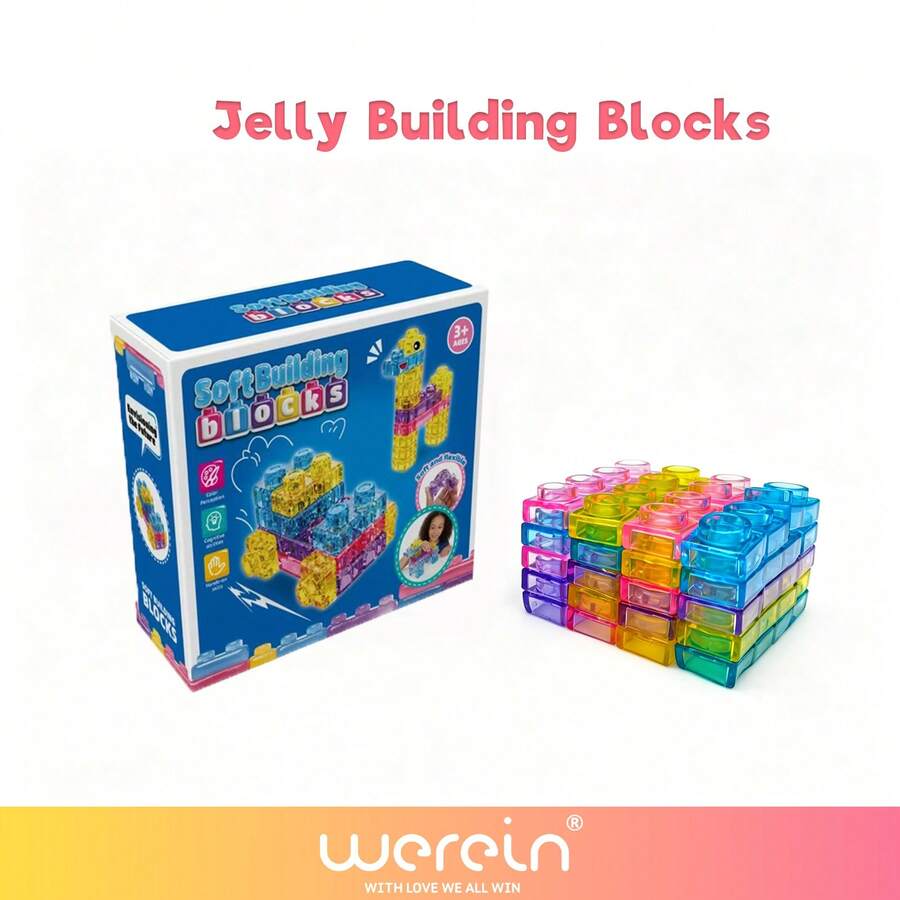 WeRein 40pcs Standard And Oversized Jelly Blocks, Soft Flexible Twistable Stackable Bath Toys, Stick To Smooth Surfaces, Suitable For Children 3+ Years Old - Multicolor - View 1