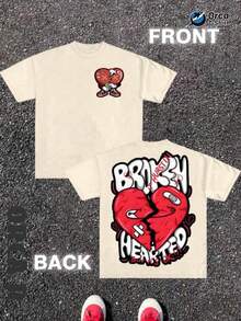 Camiseta de manga corta de algodón, estilo urbano y holgado para hombre, de alta calidad, moderna, suave y cómoda, con estampado de corazón roto. Diseño moderno y atractivo para parejas - Negro - Ver 9