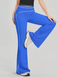 NcmRyu Women's 1pc Contrast White Line Hip-Lifting Slim Fit Flare Long Pants - Blue - View 9