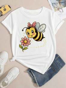 Cute Bee Graphic Women TShirt Soft Cotton, Easy Fit, Street Hip-Hop, Comfortable, Unique Graphic Print - Blanco - Ver 2
