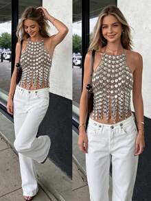 ZHENGHEN Y2K Shiny Sequin Fringe Personalized Top, Handmade Silver Disc Halter Body Chain, Exaggerated Electro Music Festival Street Style Outfit - Silver - View 3
