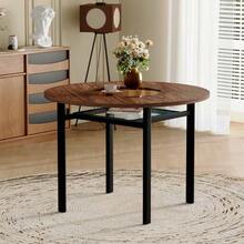 Modern And Minimalist Round Dining Table, 100 Cm In Diameter, Black Veined Wood Top, Suitable For 2-4 People (With Grey Glass Insert And Metal Stability Frame). - Brown - View 3