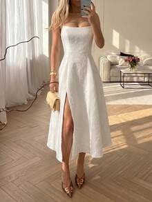 Đầm midi dáng chữ A ôm sát màu trơn cổ thấp không tay phong cách thanh lịch gợi cảm thường ngày hẹn hò, đầm thanh lịch, đầm đi chơi, đầm trắng dự tiệc - Màu be - Xem 1