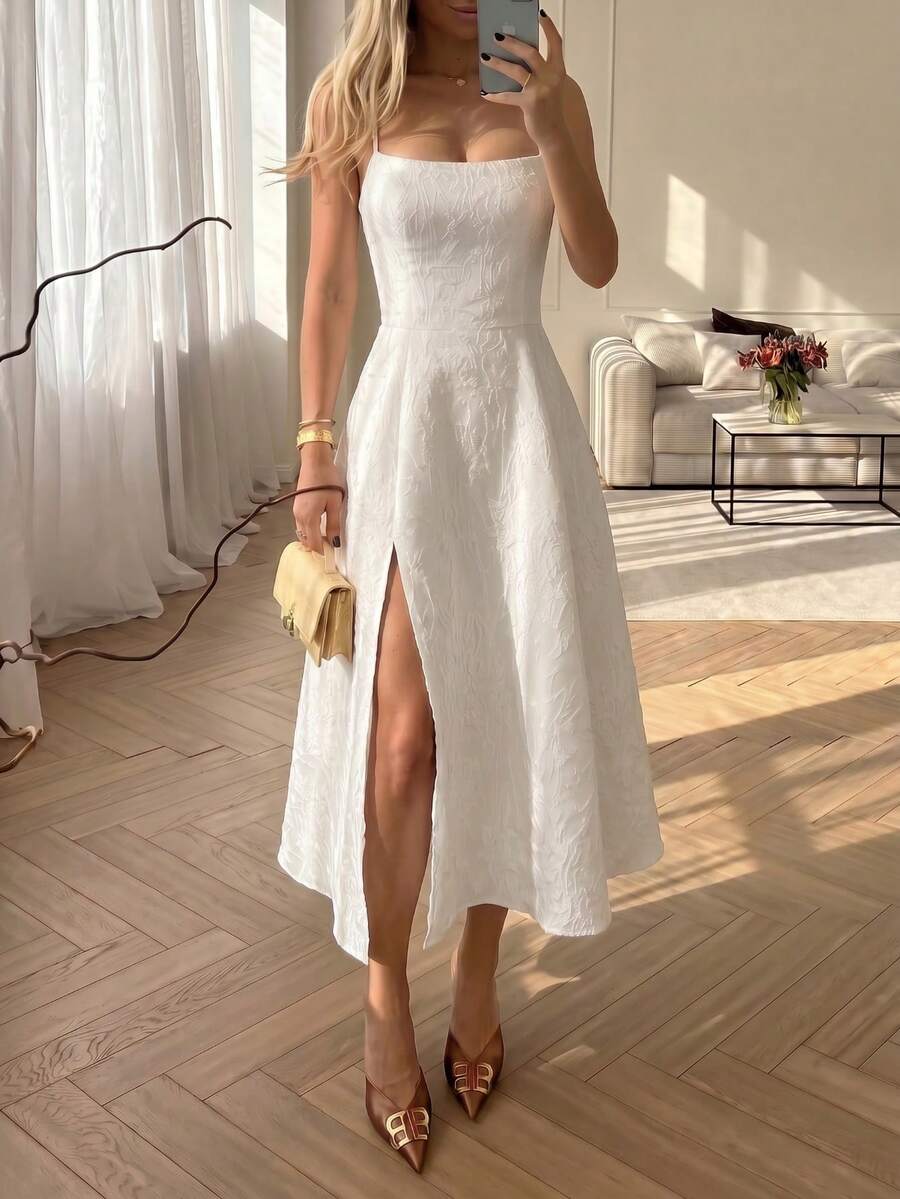 Đầm midi dáng chữ A ôm sát màu trơn cổ thấp không tay phong cách thanh lịch gợi cảm thường ngày hẹn hò, đầm thanh lịch, đầm đi chơi, đầm trắng dự tiệc - Màu be - Xem 1